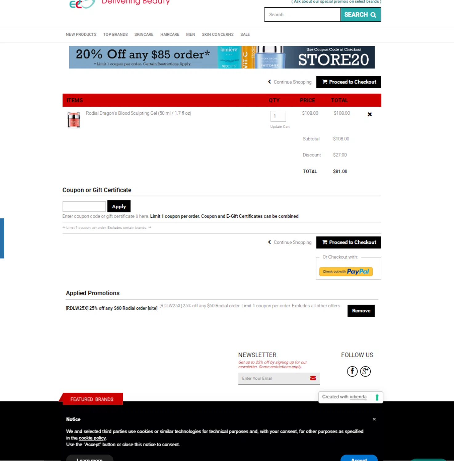 EDCskincare.com coupon code screenshot showing code RDLW25X applied at EDCskincare.com checkout page. Uploaded by SimplyCodes community member Noah19 on Mar 18, 2025