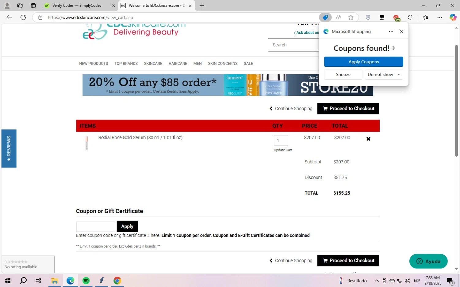 EDCskincare.com coupon code screenshot showing code RDLW25X applied at EDCskincare.com checkout page. Uploaded by SimplyCodes community member GloriousWizard5474 on Mar 18, 2025