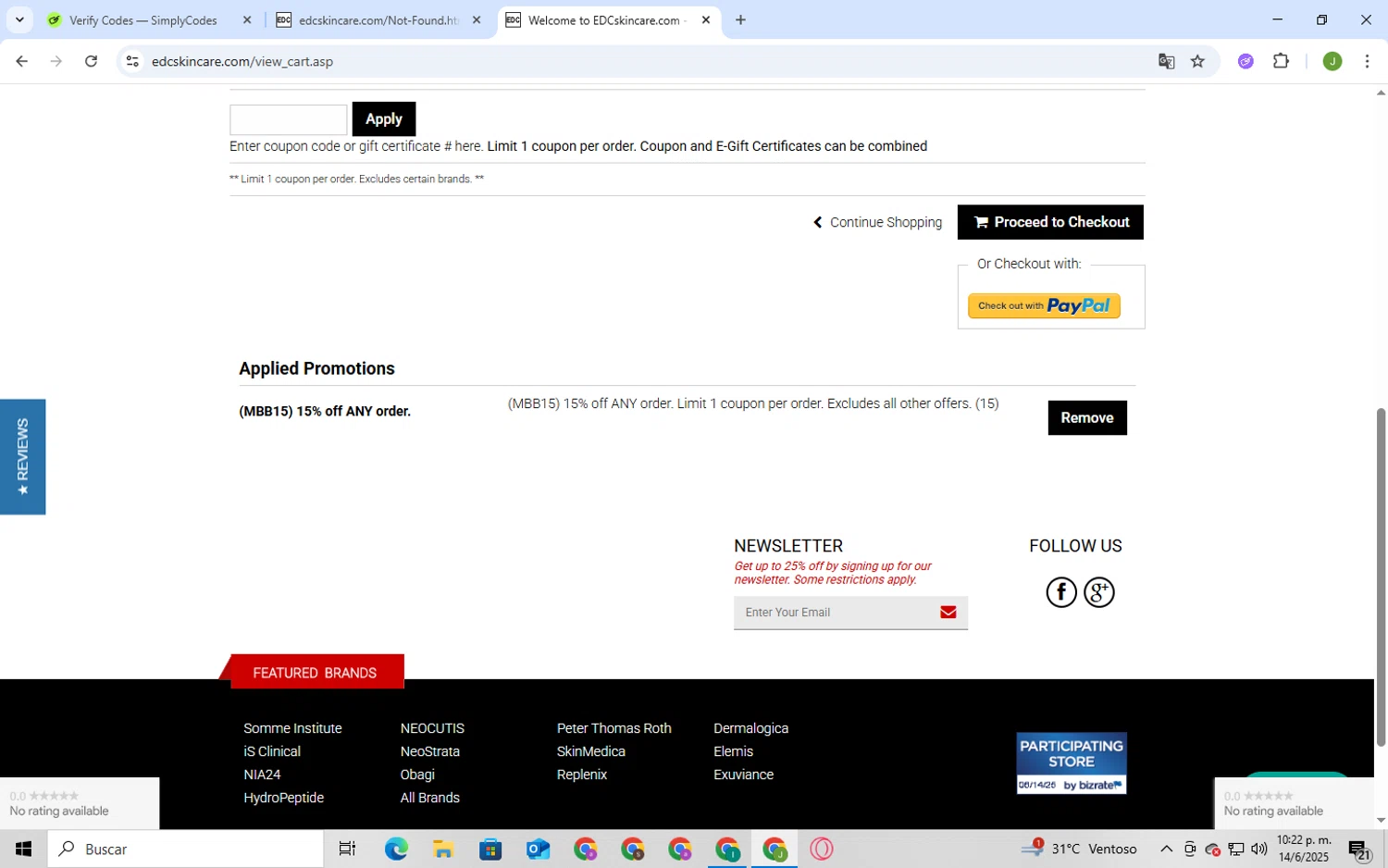 EDCskincare.com coupon code screenshot showing code MBB15 applied at EDCskincare.com checkout page. Uploaded by SimplyCodes community member BukayoSaka on Jun 14, 2025