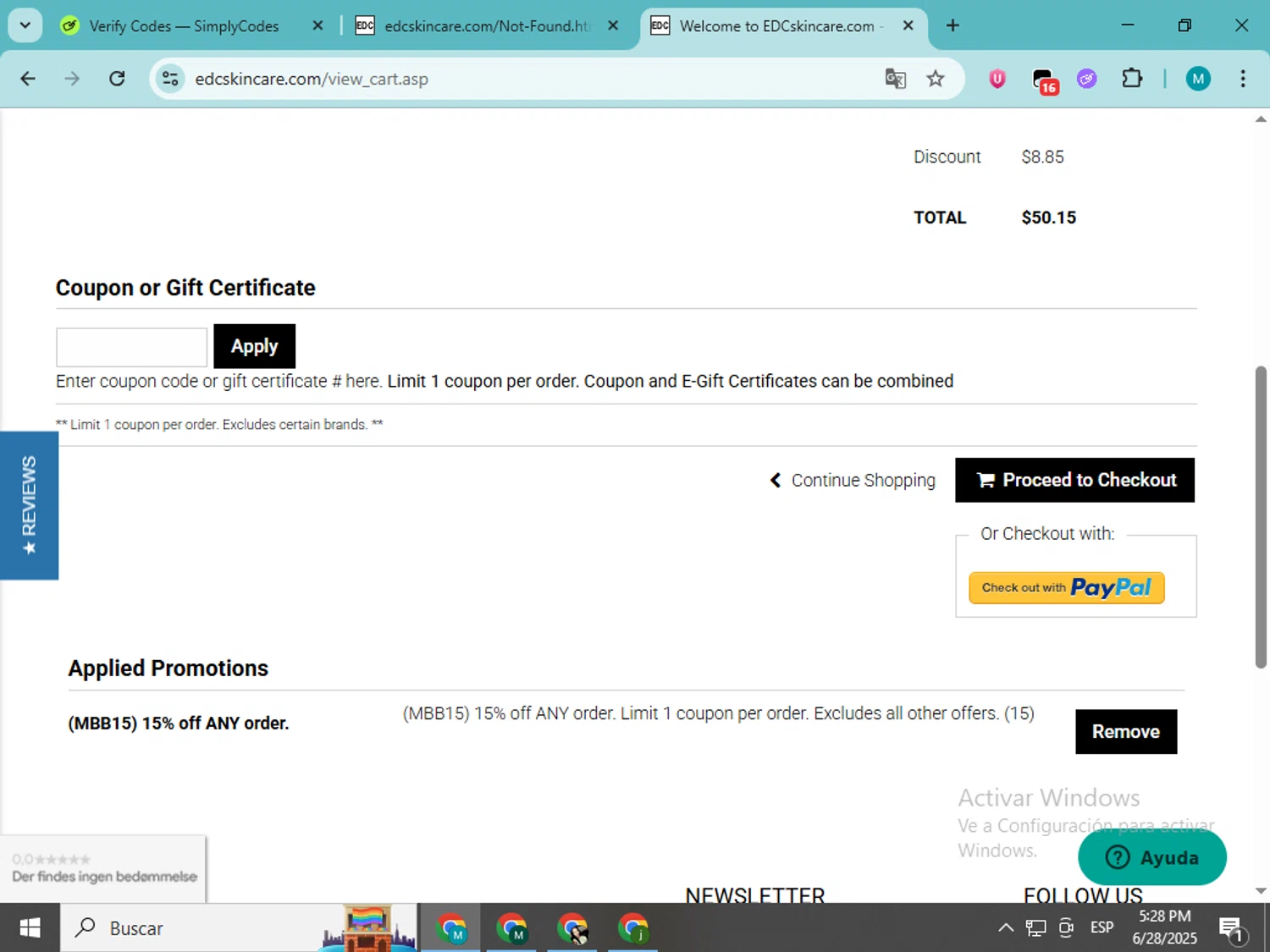 EDCskincare.com coupon code screenshot showing code MBB15 applied at EDCskincare.com checkout page. Uploaded by SimplyCodes community member estrellaveloz on Jun 28, 2025