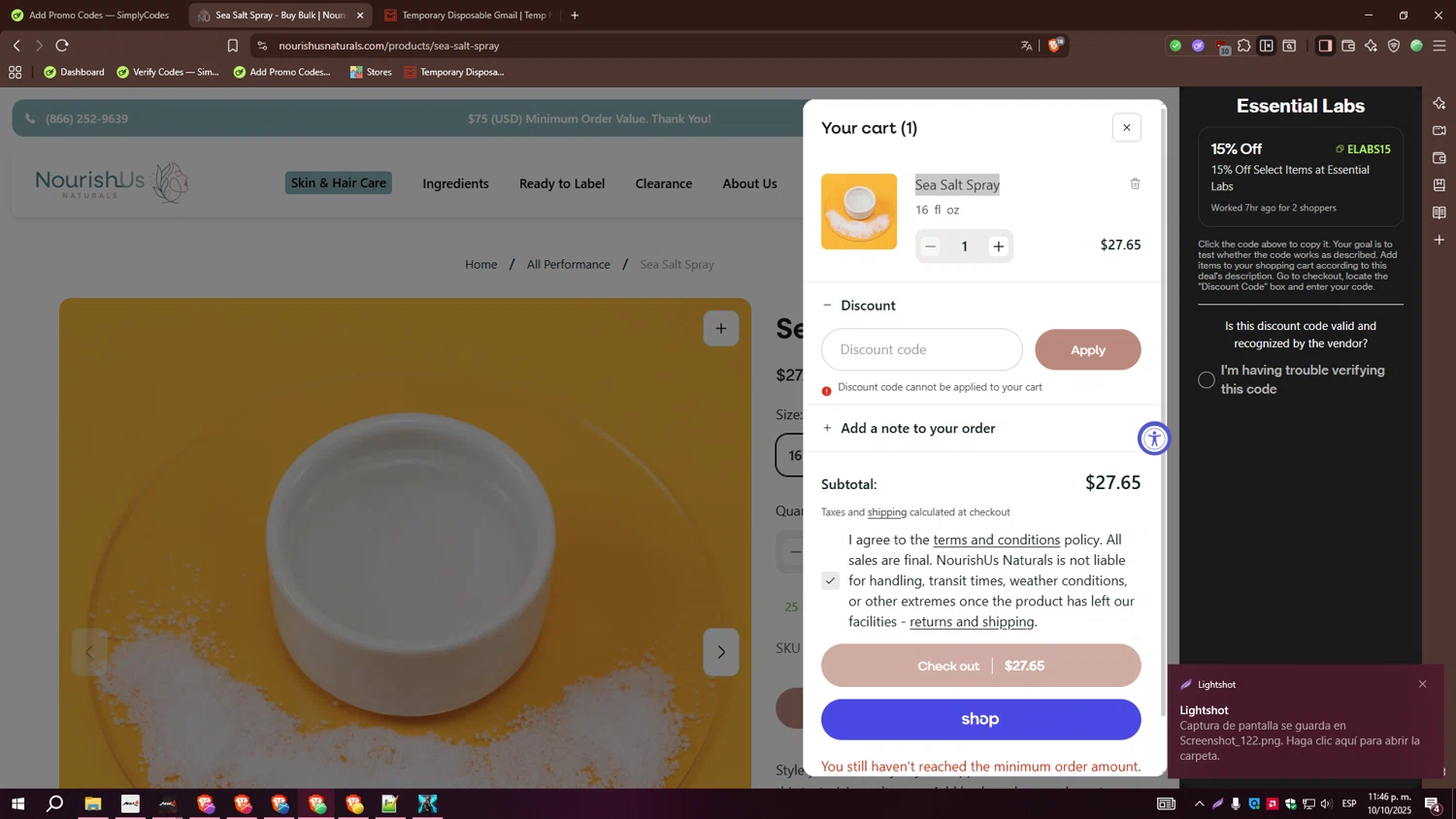 Essential Labs discount code screenshot showing code ELABS15 applied at Essential Labs checkout page. Uploaded by SimplyCodes community member FortunateTiger3302 on Oct 11, 2025