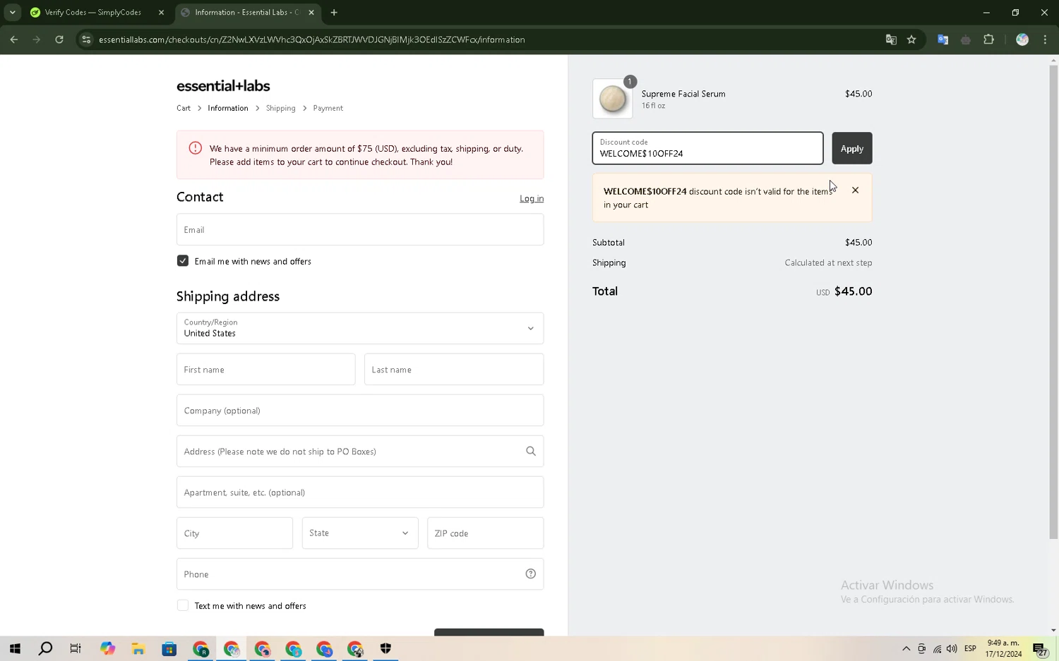 Essential Labs checkout page showing Essential Labs discount code box | Screenshot taken by SimplyCodes community member on Dec 17, 2024