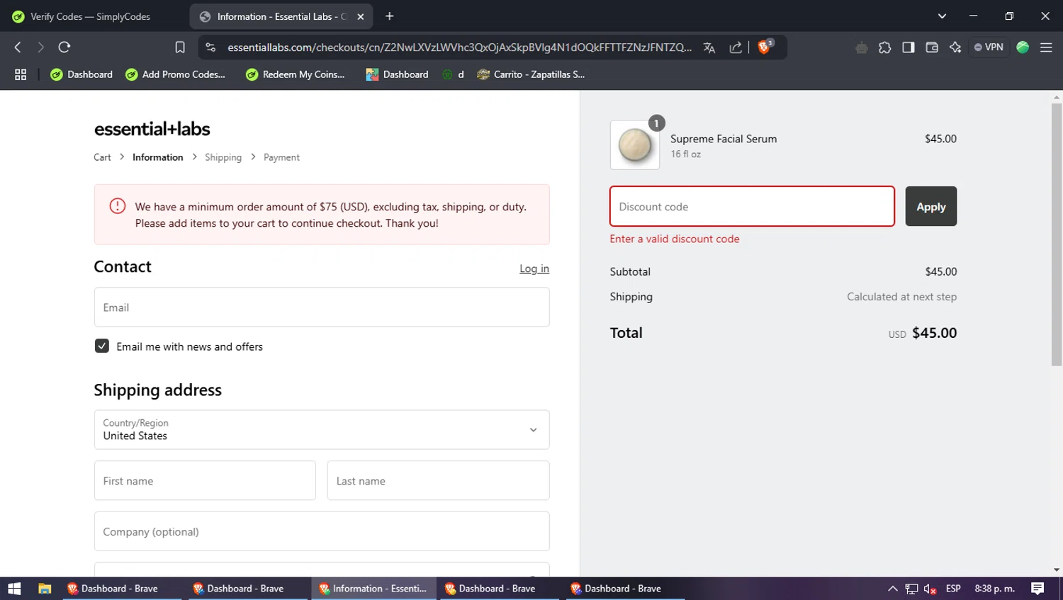 Essential Labs discount code screenshot showing code WELCOME$10OFF24 applied at Essential Labs checkout page. Uploaded by SimplyCodes community member VoucherRanger5947 on Jan 24, 2025
