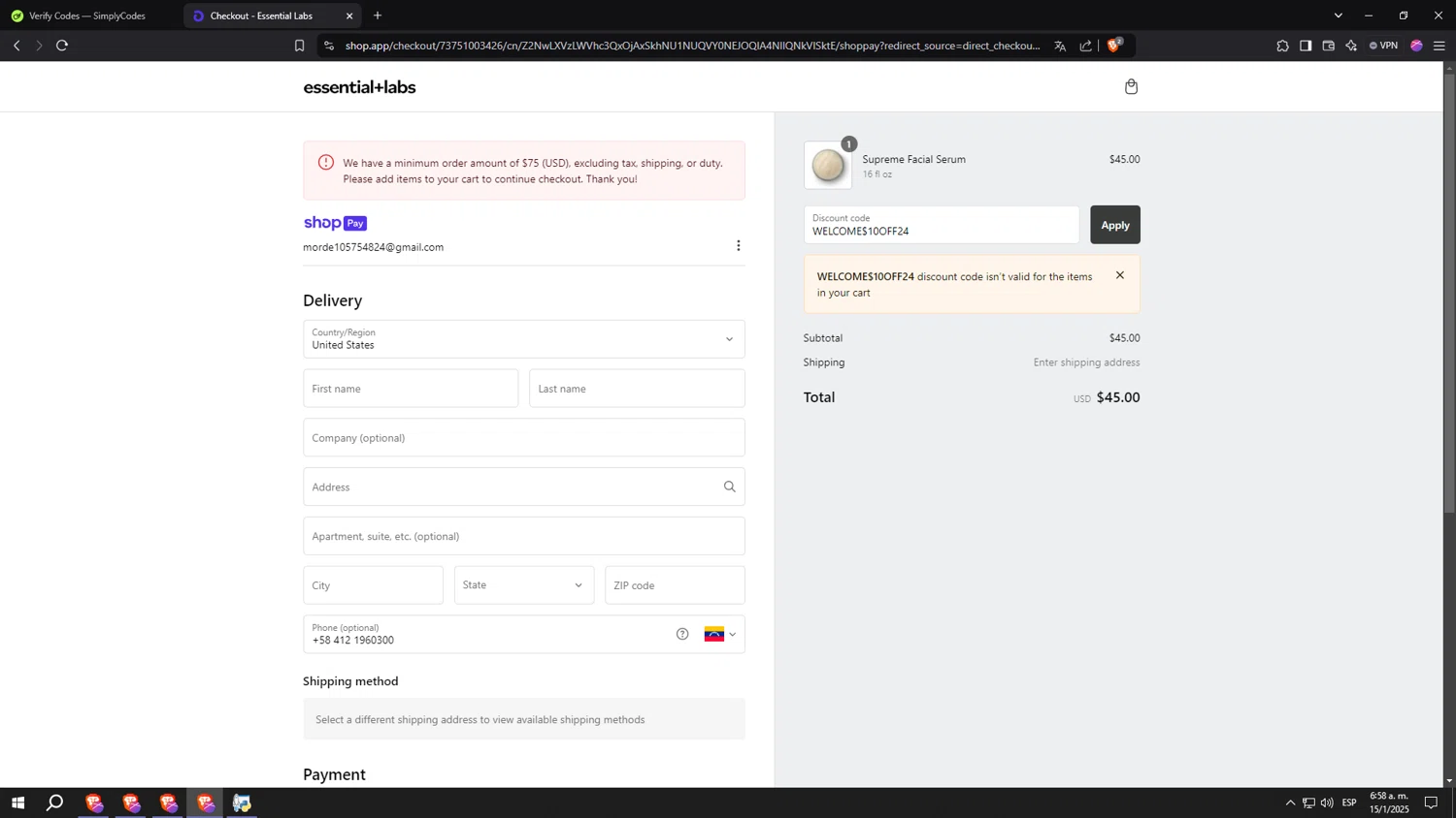 Essential Labs checkout page showing Essential Labs discount code box | Screenshot taken by SimplyCodes community member on Jan 15, 2025