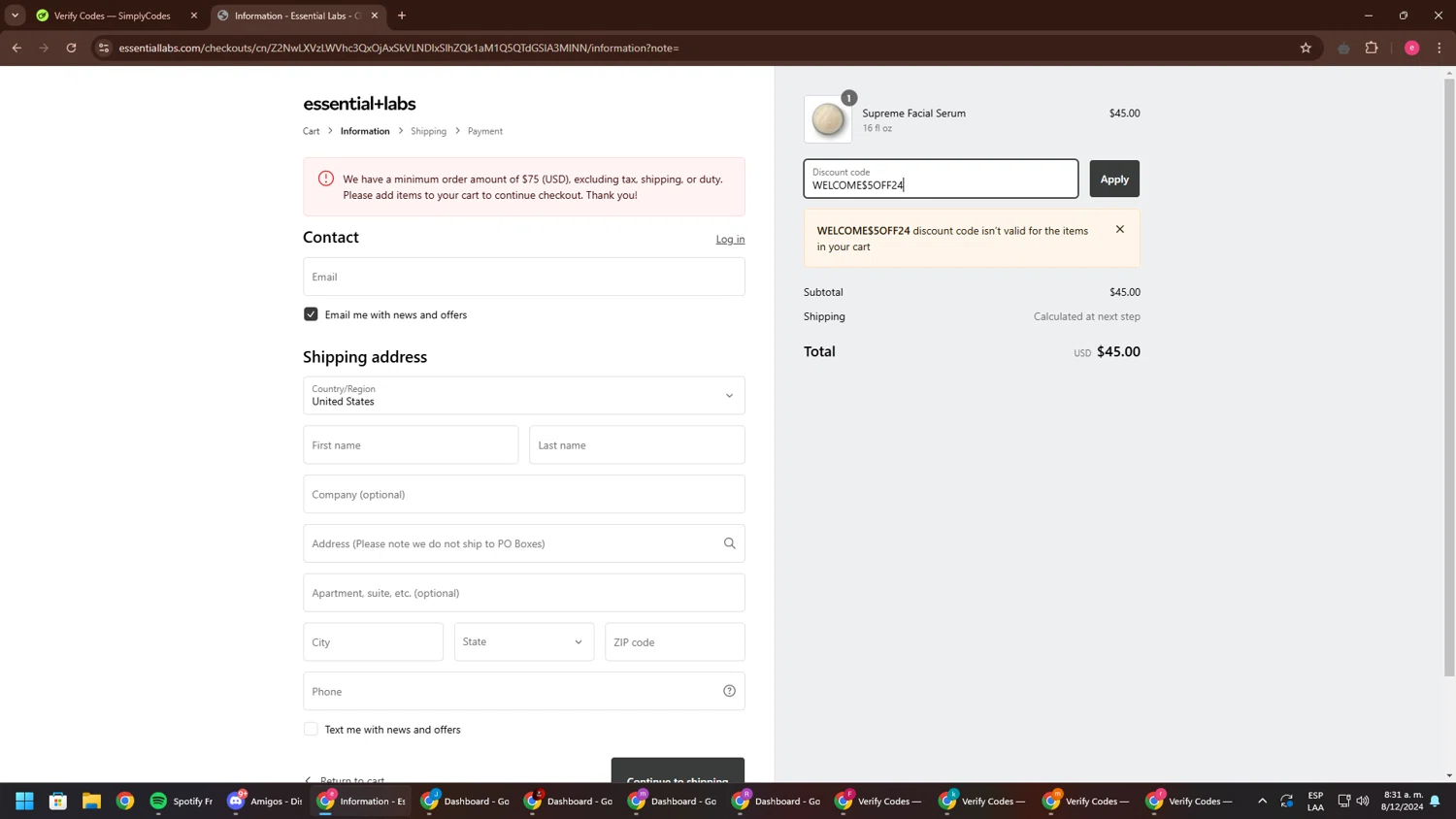 Essential Labs checkout page showing Essential Labs discount code box | Screenshot taken by SimplyCodes community member on Dec 8, 2024
