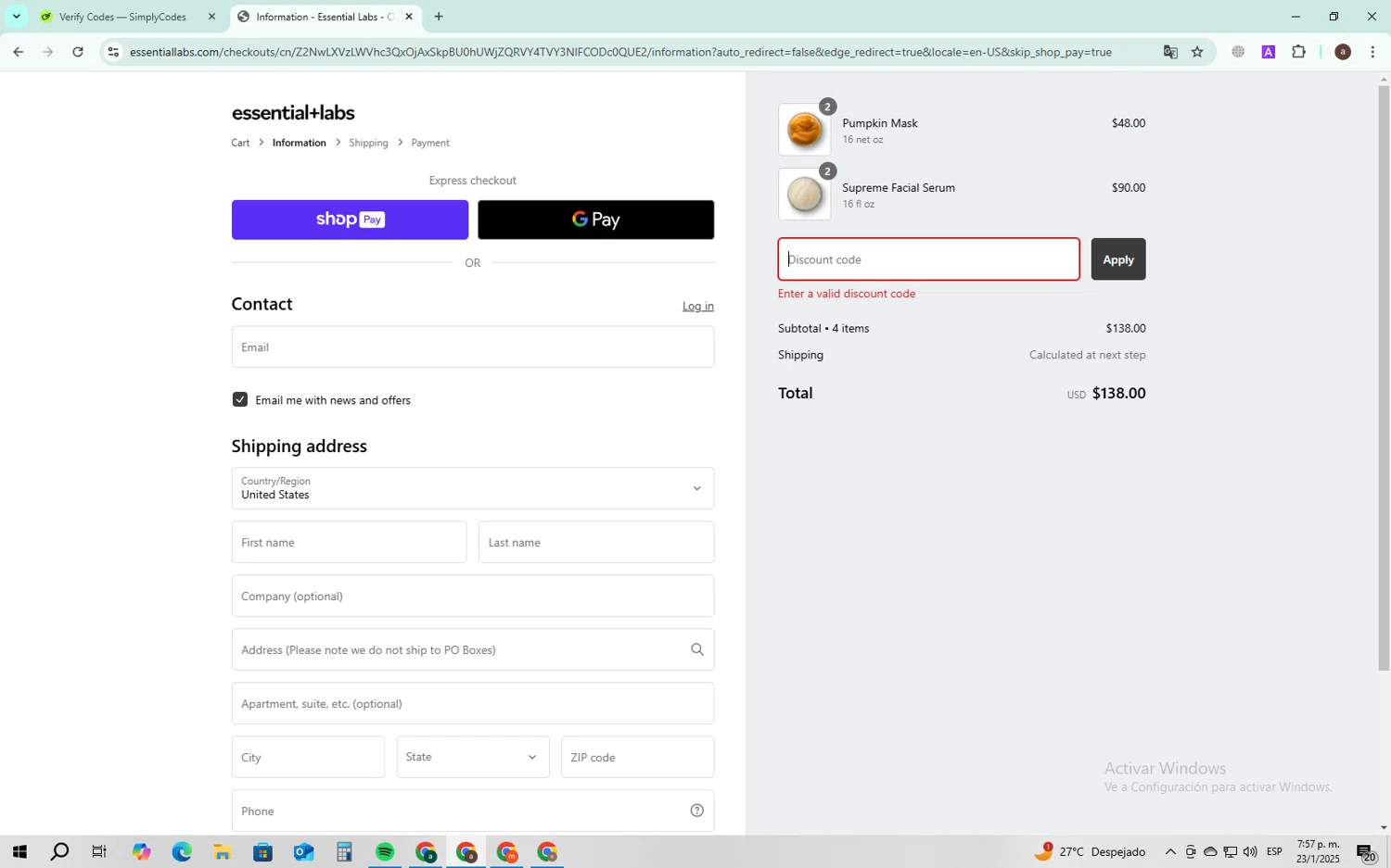 Essential Labs discount code screenshot showing code WELCOME$5OFF24 applied at Essential Labs checkout page. Uploaded by SimplyCodes community member RoyalMonarch3142 on Jan 23, 2025