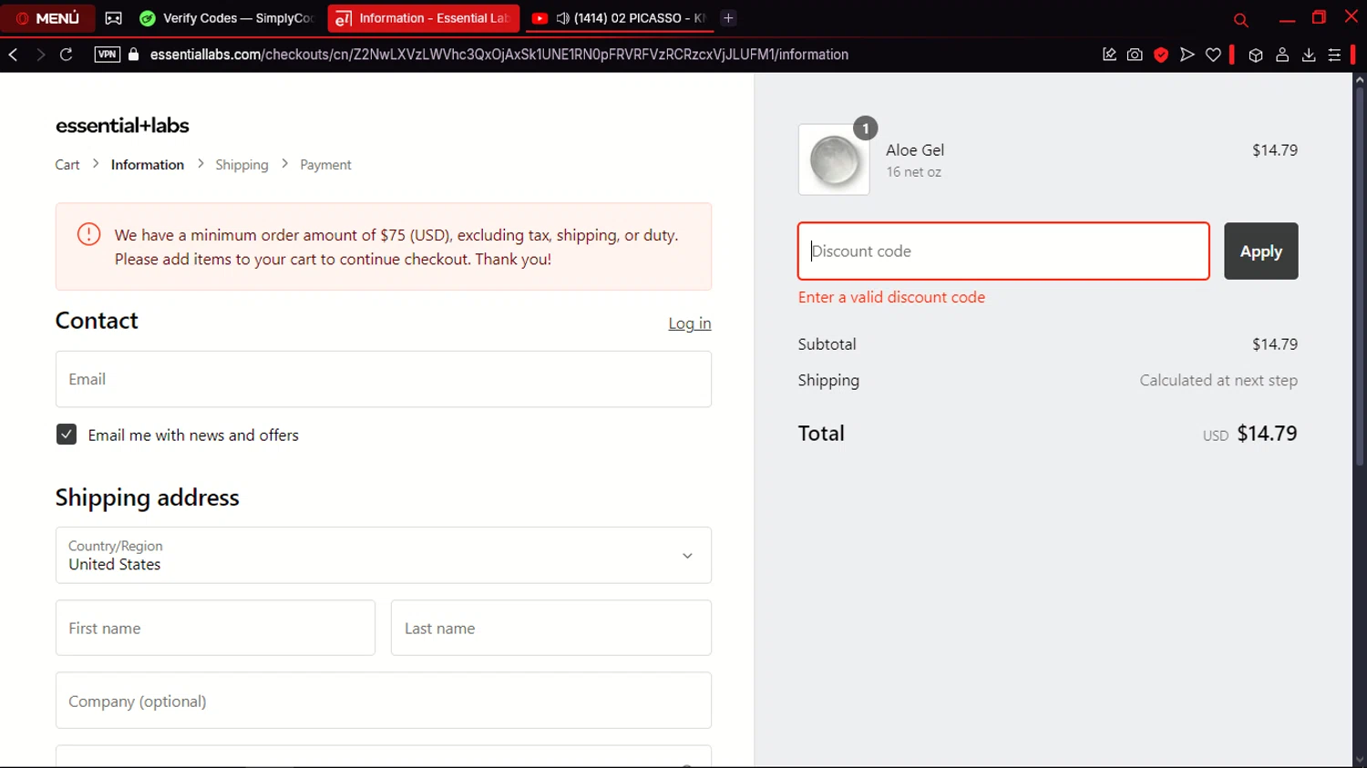 Essential Labs discount code screenshot showing code WELCOME$5OFF24 applied at Essential Labs checkout page. Uploaded by SimplyCodes community member jdecxxx on Feb 23, 2025