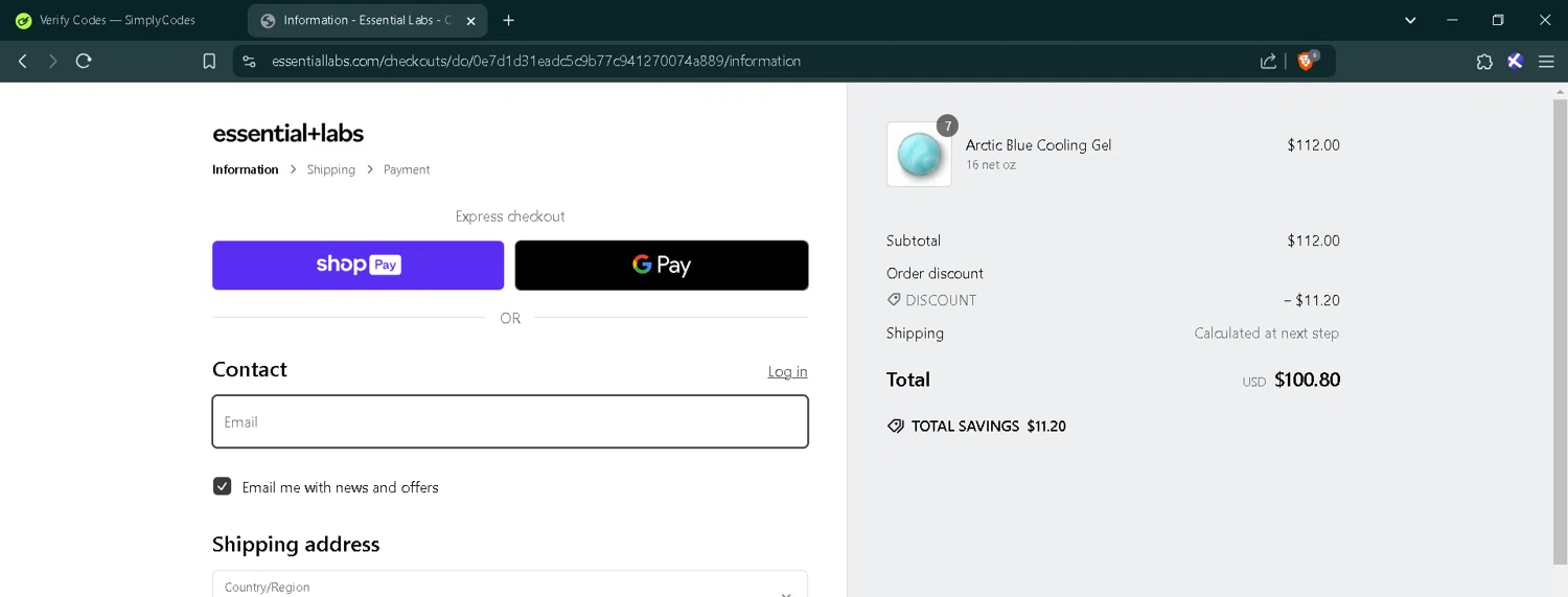 Essential Labs checkout page showing Essential Labs discount code box | Screenshot taken by SimplyCodes community member on Dec 2, 2024