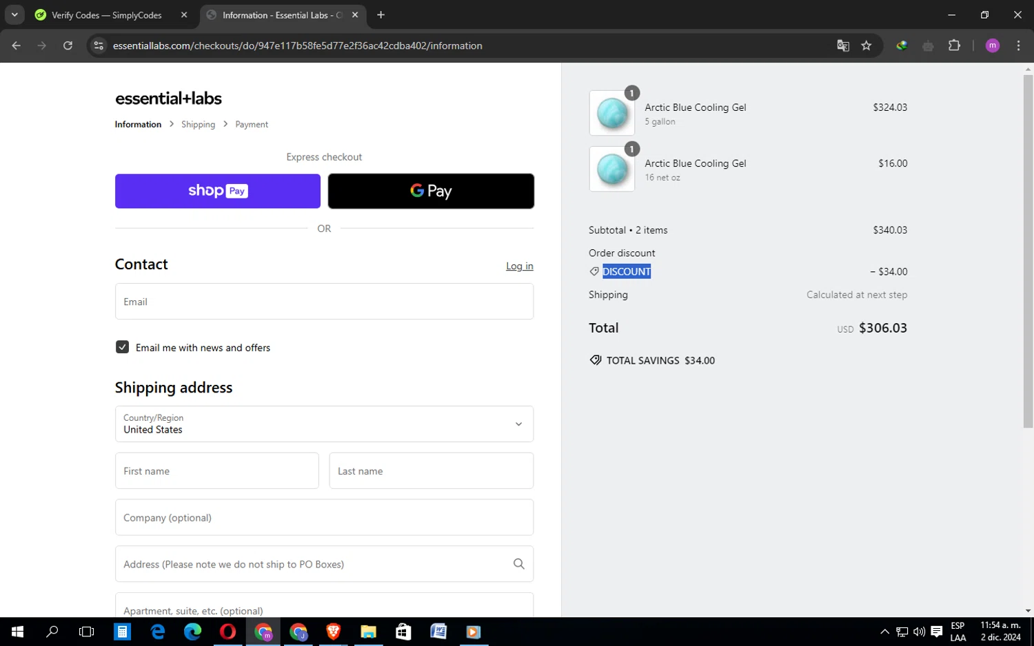 Essential Labs checkout page showing Essential Labs discount code box | Screenshot taken by SimplyCodes community member on Dec 2, 2024