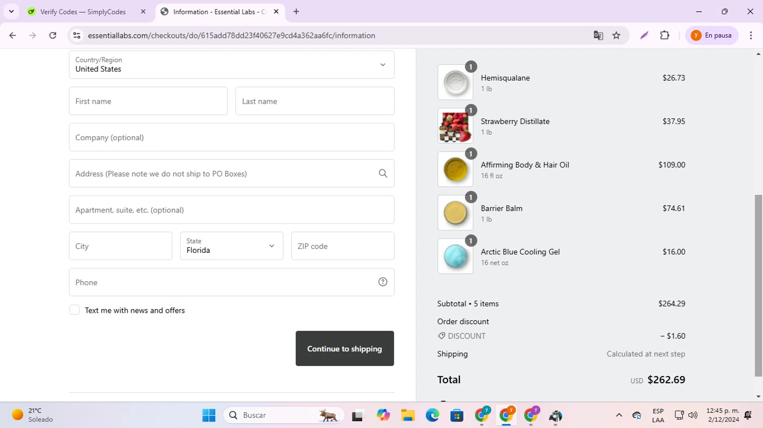 Essential Labs checkout page showing Essential Labs discount code box | Screenshot taken by SimplyCodes community member on Dec 2, 2024
