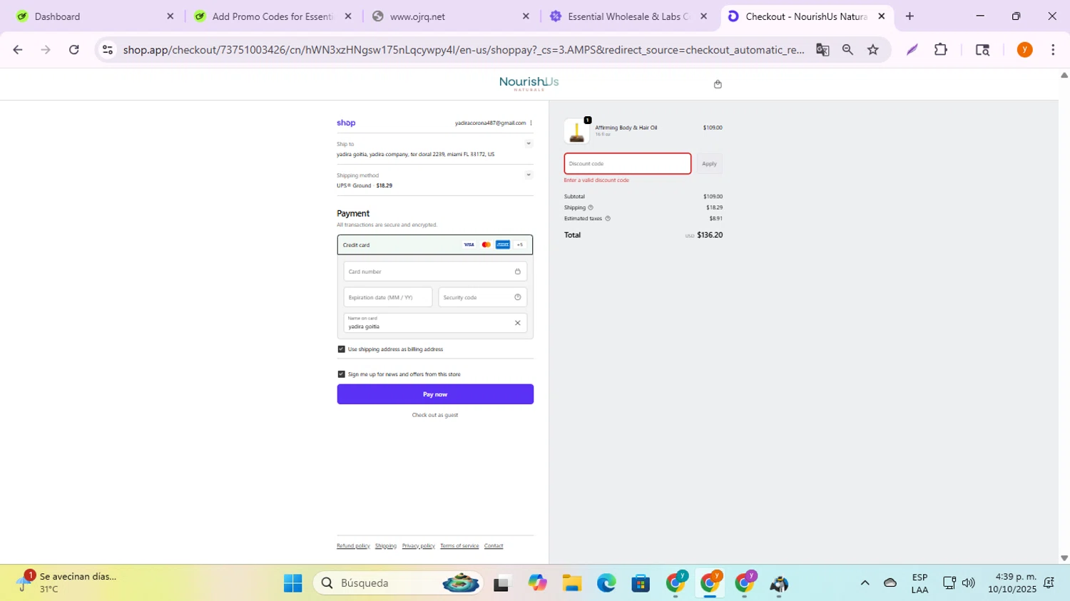 Essential Labs discount code screenshot showing code ELABS15 applied at Essential Labs checkout page. Uploaded by SimplyCodes community member ycg487 on Oct 10, 2025
