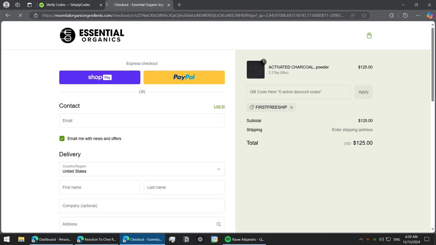 Essential Organics checkout page showing Essential Organics coupon code box | Screenshot taken by SimplyCodes community member on Dec 13, 2024