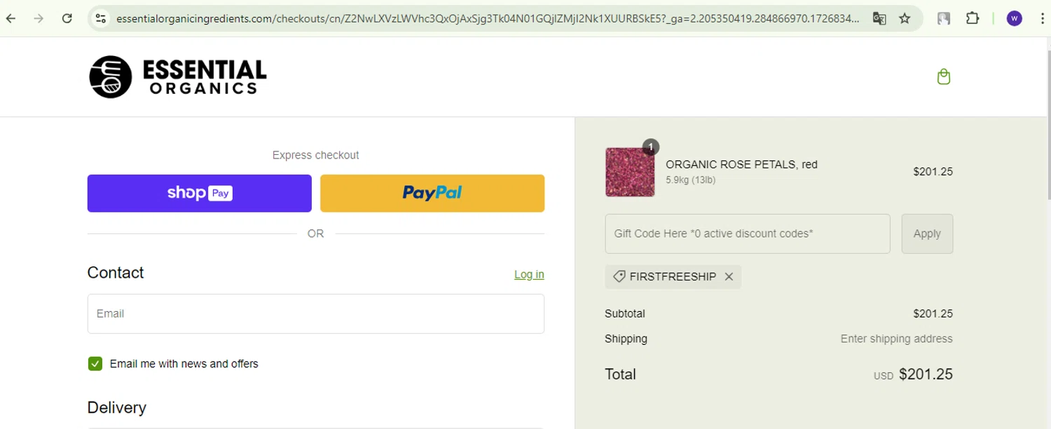 Essential Organics checkout page showing Essential Organics coupon code box | Screenshot taken by SimplyCodes community member on Sep 20, 2024