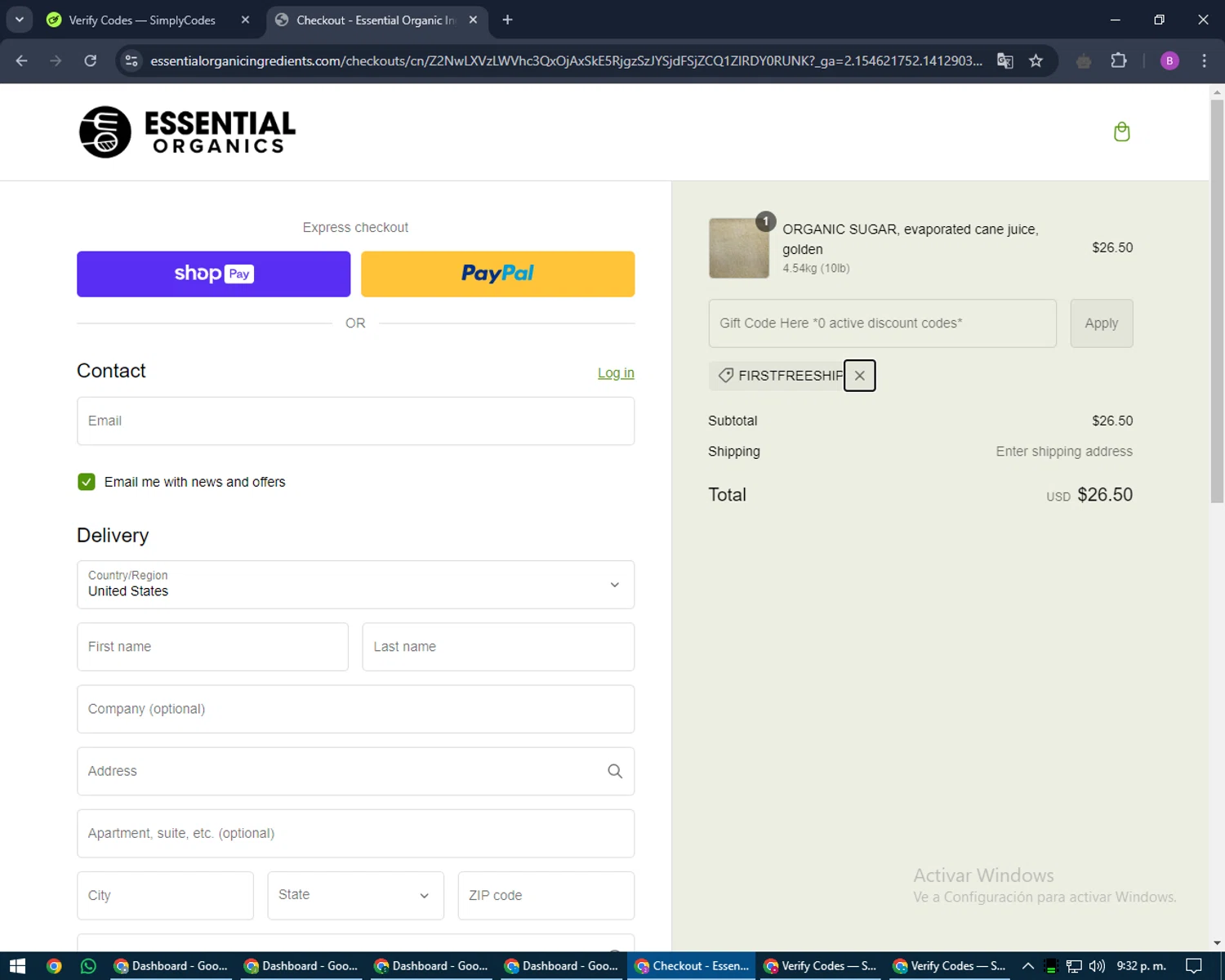 Essential Organics checkout page showing Essential Organics coupon code box | Screenshot taken by SimplyCodes community member on Oct 16, 2024