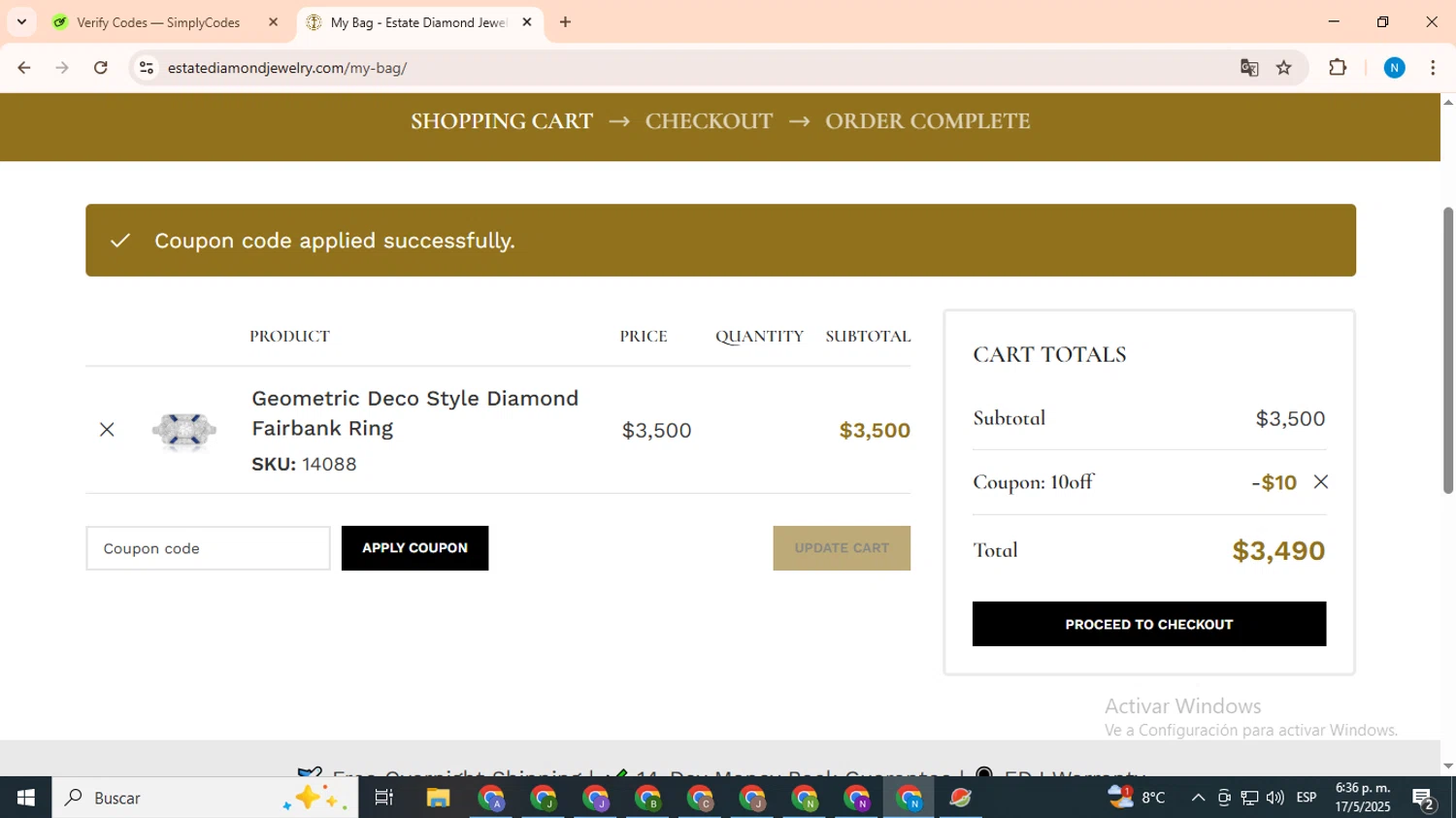 Estate Diamond Jewelry checkout page showing Estate Diamond Jewelry promo code box | Screenshot taken by SimplyCodes community member on May 18, 2025