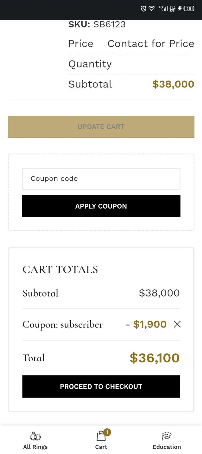 Estate Diamond Jewelry checkout page showing Estate Diamond Jewelry promo code box | Screenshot taken by SimplyCodes community member on May 18, 2025