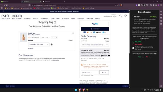 Estee Lauder checkout page showing Estee Lauder promo code box | Screenshot taken by SimplyCodes community member on Sep 12, 2025