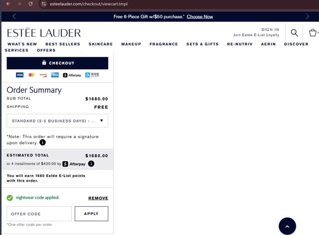 Estee Lauder checkout page showing Estee Lauder promo code box | Screenshot taken by SimplyCodes community member on Aug 19, 2025