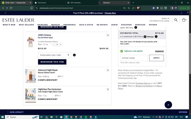 Estee Lauder checkout page showing Estee Lauder promo code box | Screenshot taken by SimplyCodes community member on Aug 30, 2025