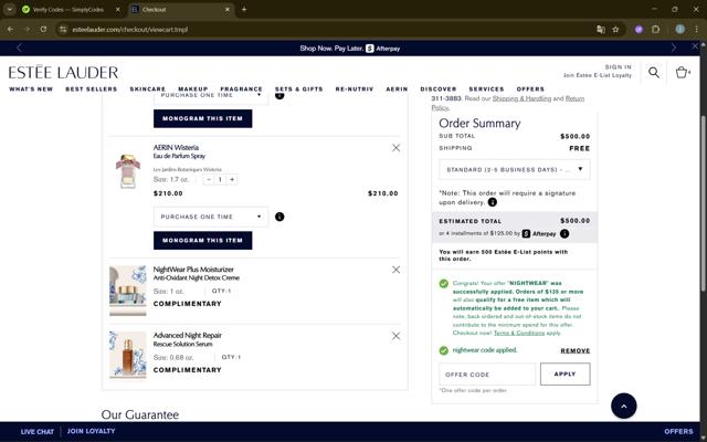 Estee Lauder checkout page showing Estee Lauder promo code box | Screenshot taken by SimplyCodes community member on Aug 30, 2025