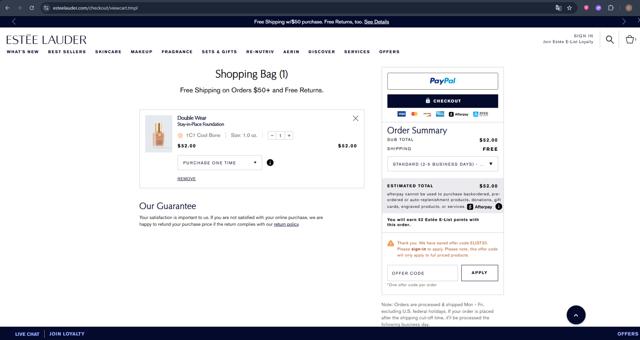 Estee Lauder checkout page showing Estee Lauder promo code box | Screenshot taken by SimplyCodes community member on Sep 12, 2025