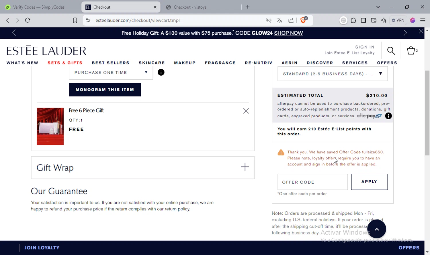 where to use Estée Lauder promo code box