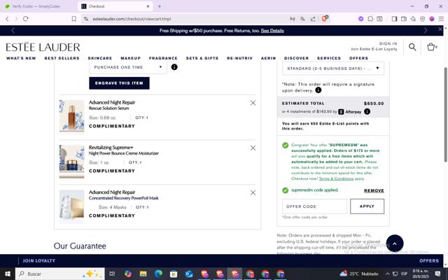 Estee Lauder checkout page showing Estee Lauder promo code box | Screenshot taken by SimplyCodes community member on Aug 30, 2025