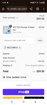 WELCOME15 coupon verification screenshot