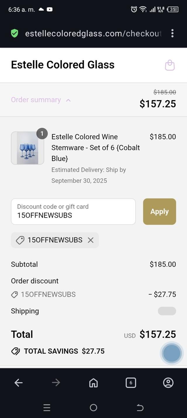 Estelle Colored Glass checkout page showing Estelle Colored Glass promo code box | Screenshot taken by SimplyCodes community member on Aug 16, 2025