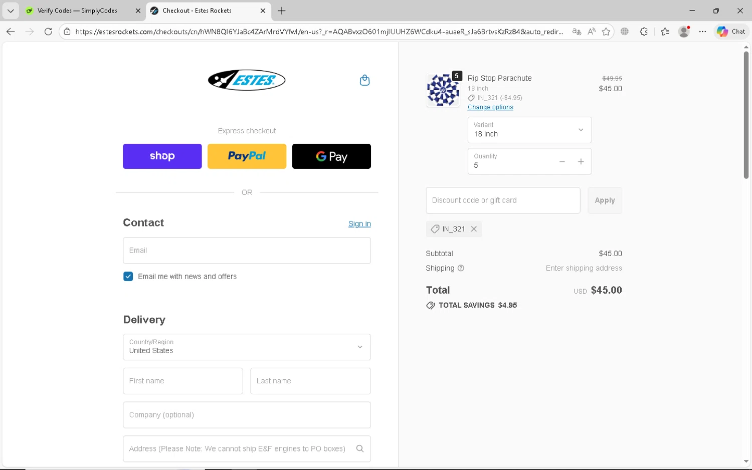 Estes Rockets checkout page showing Estes Rockets discount code box | Screenshot taken by SimplyCodes community member on Feb 5, 2026