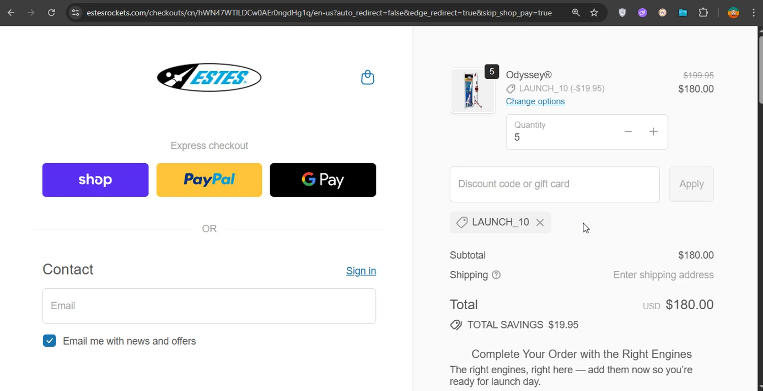 Estes Rockets discount code screenshot showing code Launch_10 applied at Estes Rockets checkout page. Uploaded by SimplyCodes community member PrimeShopper6600 on Oct 14, 2025