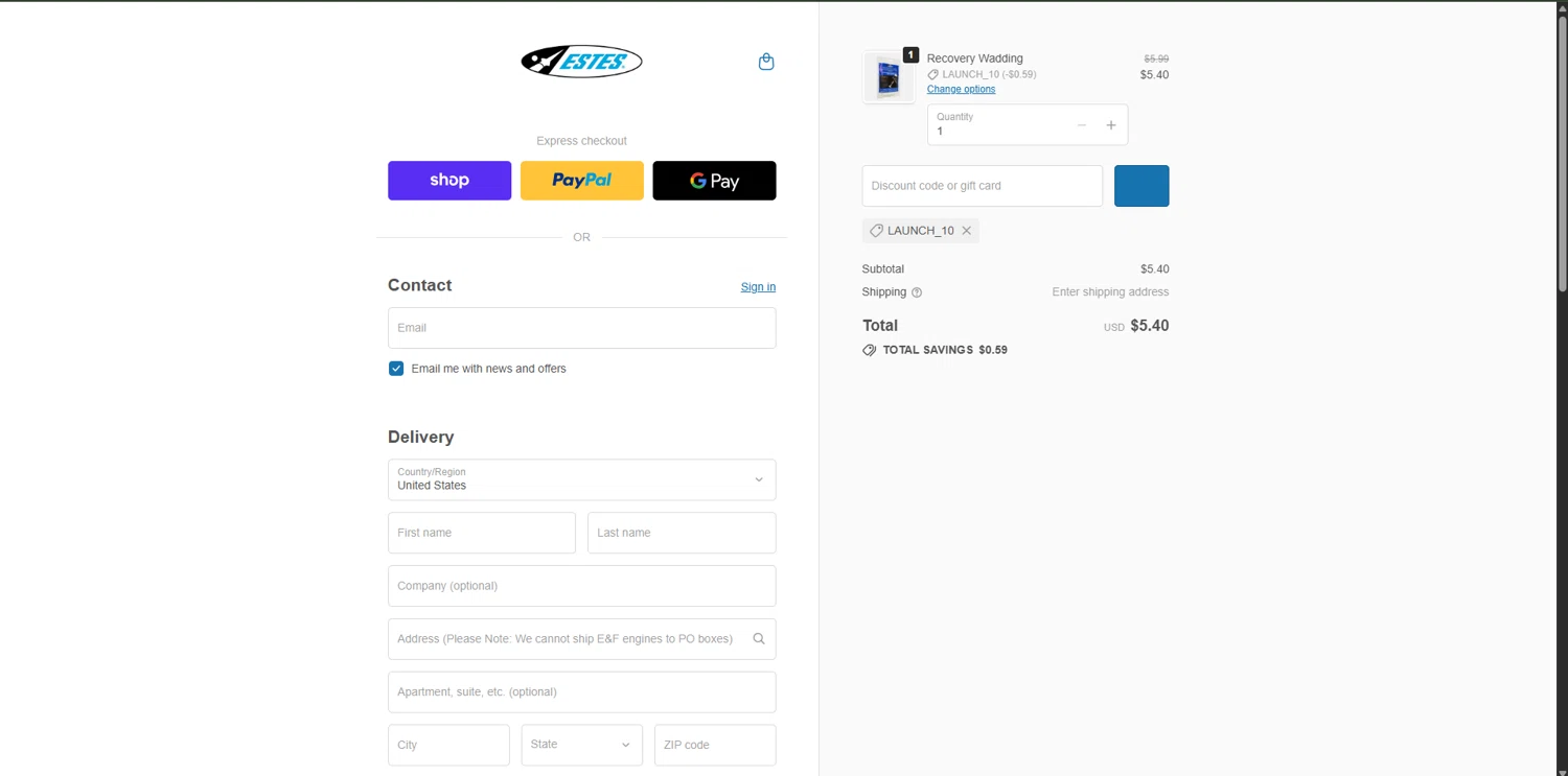 Estes Rockets checkout page showing Estes Rockets discount code box | Screenshot taken by SimplyCodes community member on Feb 5, 2026