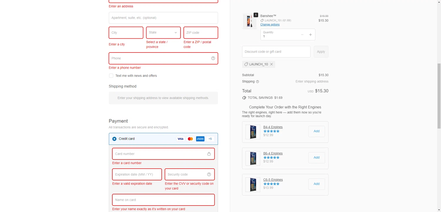 Estes Rockets discount code screenshot showing code Launch_10 applied at Estes Rockets checkout page. Uploaded by SimplyCodes community member SwiftCurator4059 on Oct 7, 2025