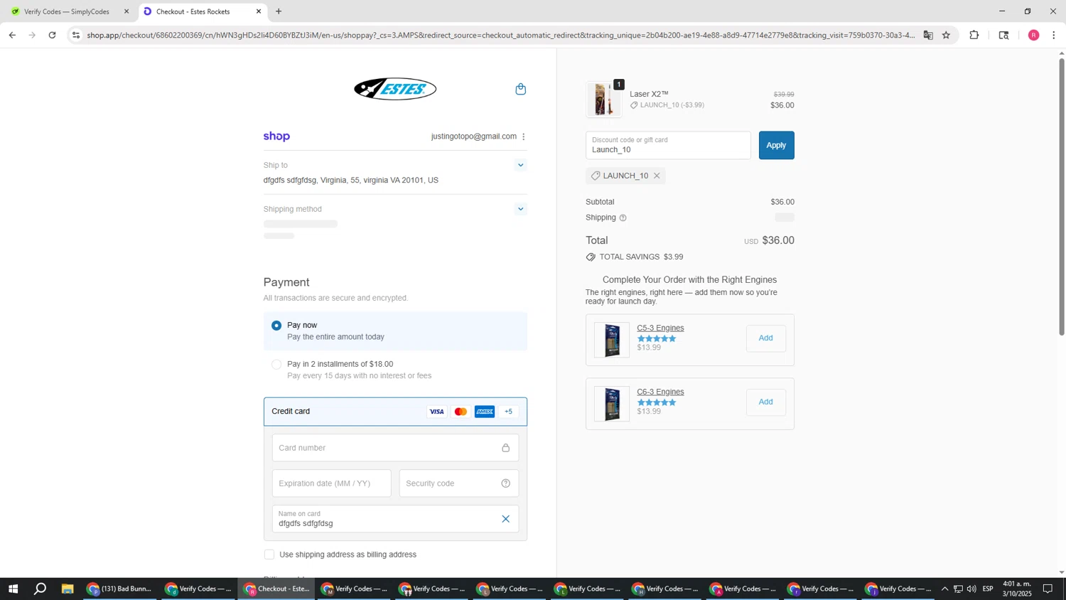Estes Rockets discount code screenshot showing code Launch_10 applied at Estes Rockets checkout page. Uploaded by SimplyCodes community member TTTT55 on Oct 3, 2025