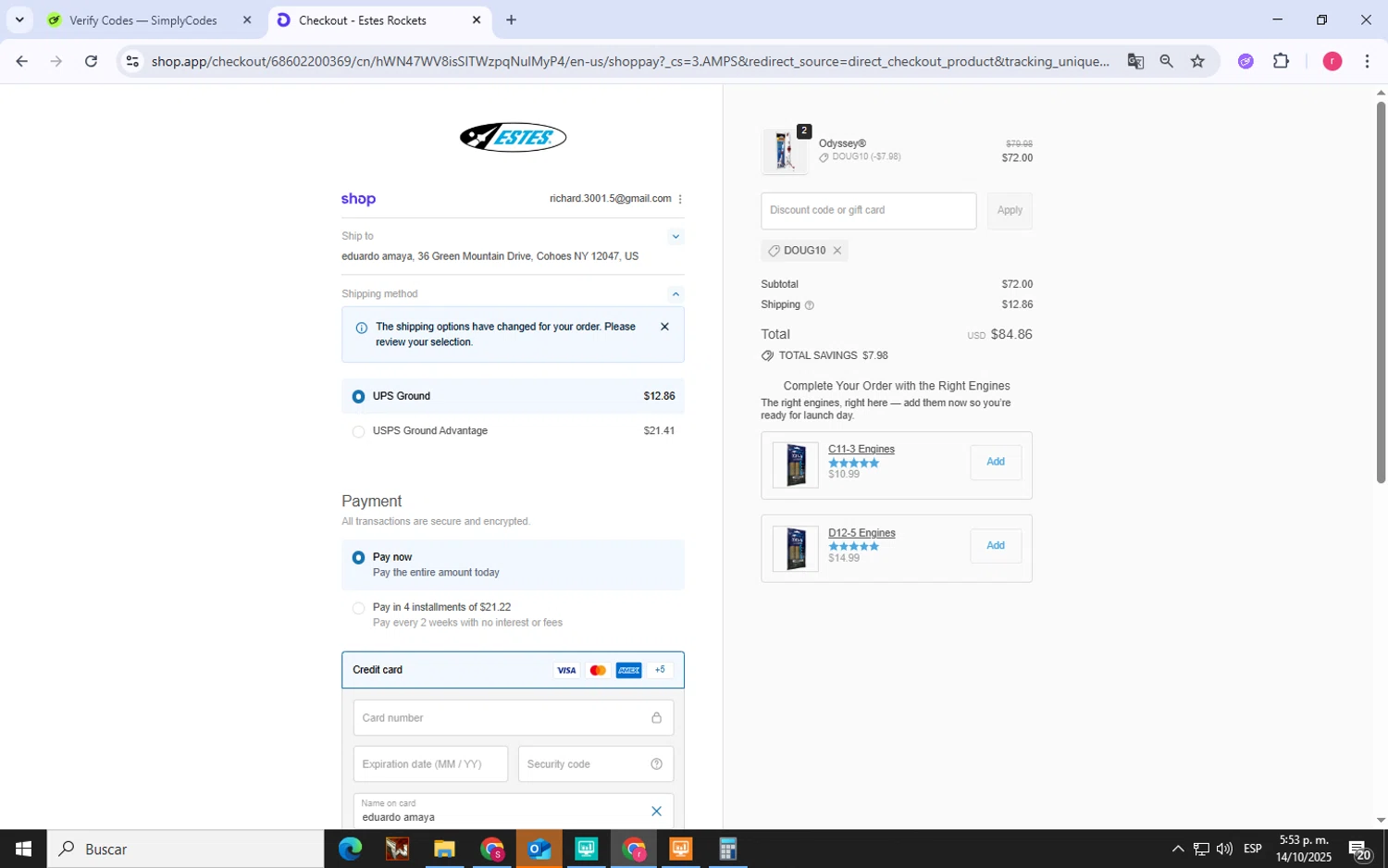 Estes Rockets discount code screenshot showing code doug10 applied at Estes Rockets checkout page. Uploaded by SimplyCodes community member LegendaryWhiz3517 on Oct 14, 2025