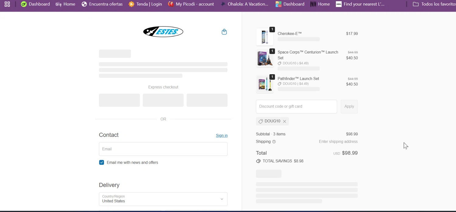Estes Rockets discount code screenshot showing code doug10 applied at Estes Rockets checkout page. Uploaded by SimplyCodes community member jungrimar on Nov 30, 2025