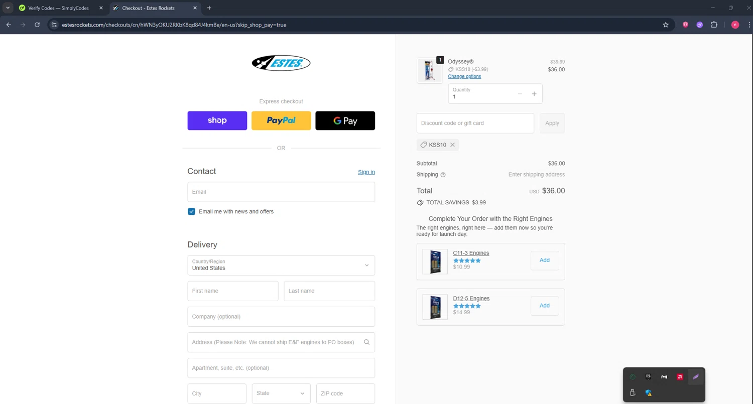 Estes Rockets discount code screenshot showing code KSS10 applied at Estes Rockets checkout page. Uploaded by SimplyCodes community member TreasureWarden457 on Oct 11, 2025