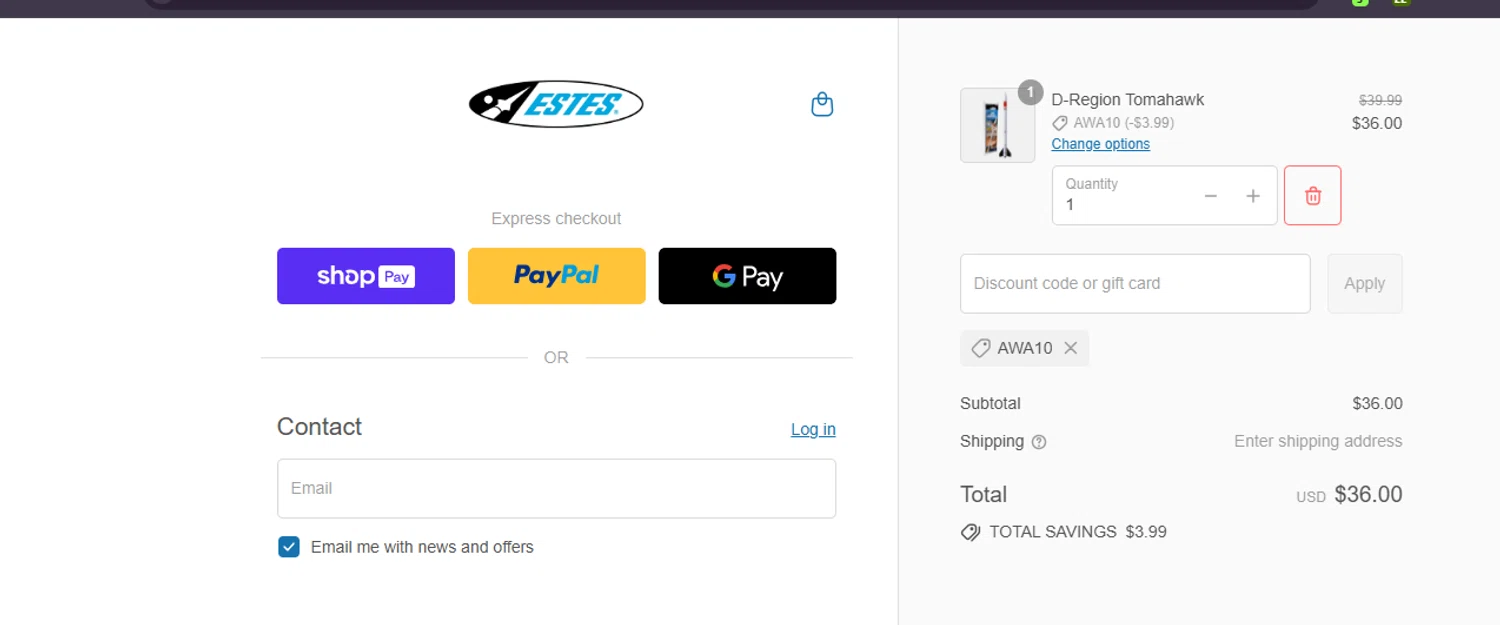 Estes Rockets discount code screenshot showing code AWA10 applied at Estes Rockets checkout page. Uploaded by SimplyCodes community member ashe1986 on Jul 22, 2025