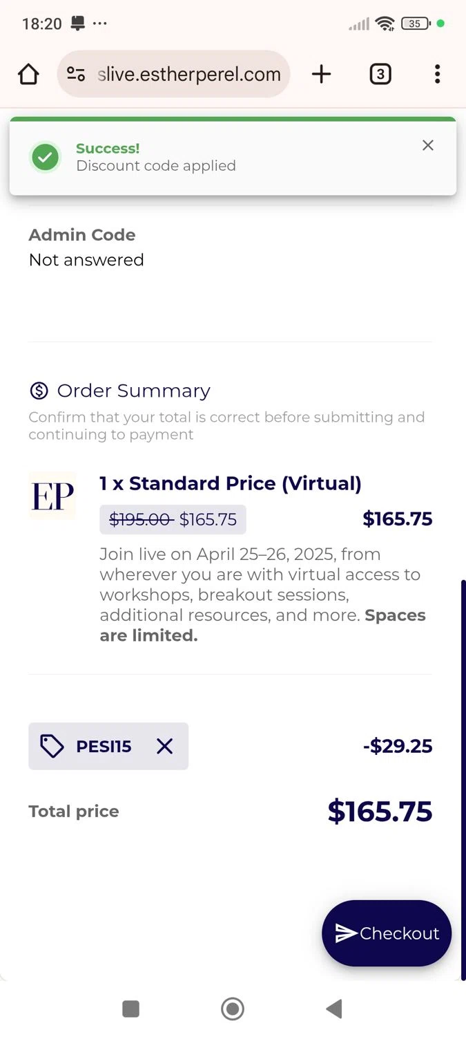 Esther Perel checkout page showing Esther Perel coupon code box | Screenshot taken by SimplyCodes community member on Apr 16, 2025