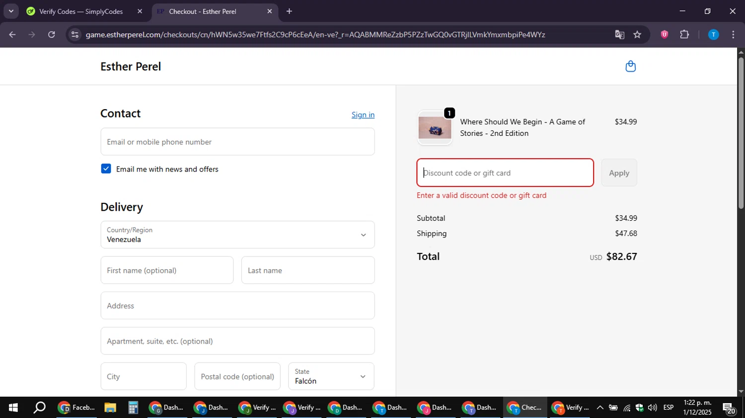 Esther Perel coupon code screenshot showing code HOLIDAY2025 applied at Esther Perel checkout page. Uploaded by SimplyCodes community member LuckyPioneer4530 on Dec 1, 2025