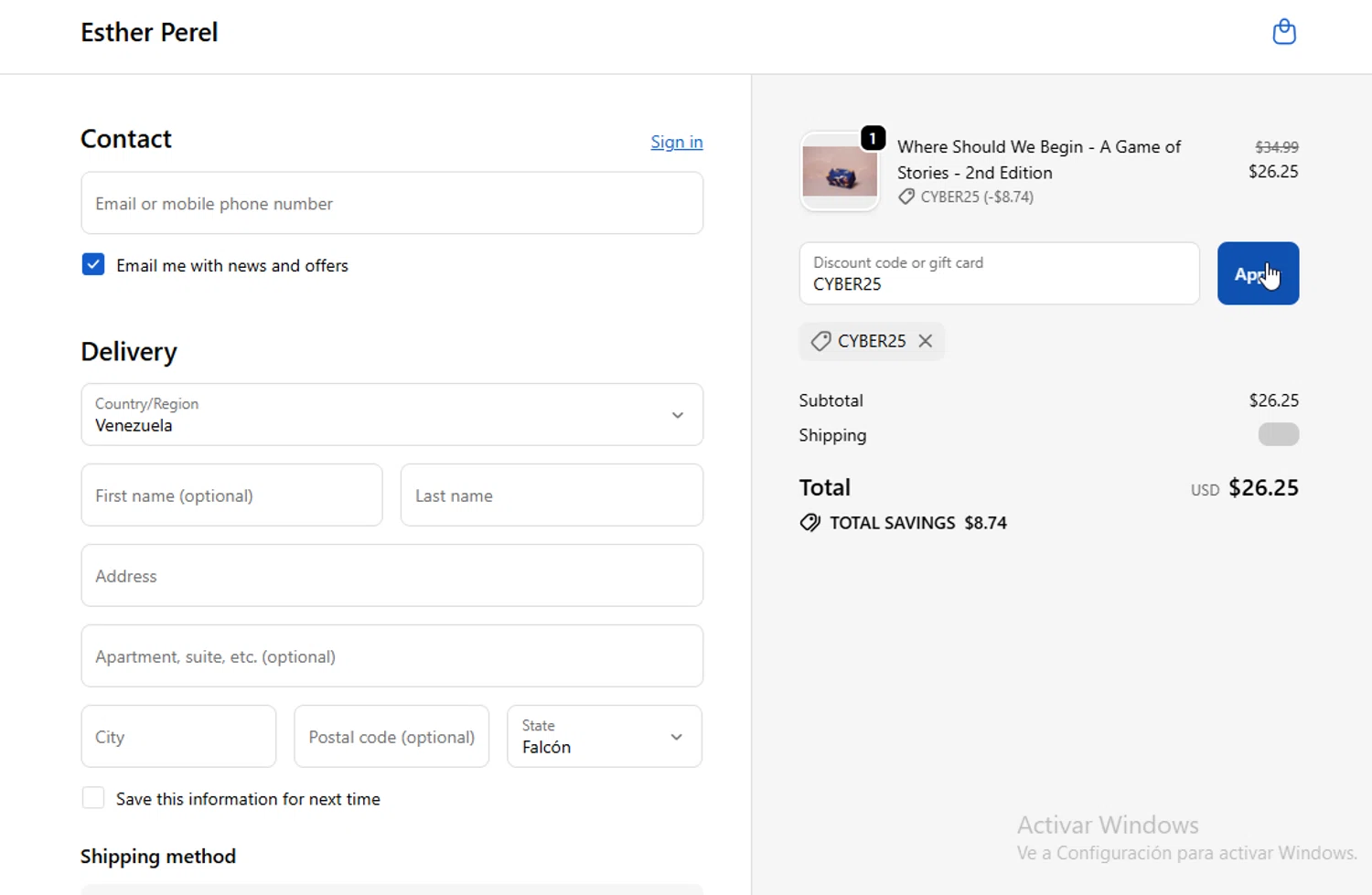 Esther Perel coupon code screenshot showing code CYBER25 applied at Esther Perel checkout page. Uploaded by SimplyCodes community member Sheele_Icon on Dec 1, 2025