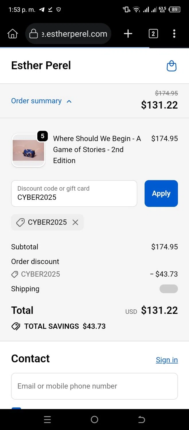 Esther Perel coupon code screenshot showing code CYBER2025 applied at Esther Perel checkout page. Uploaded by SimplyCodes community member CleverSleuth6613 on Dec 1, 2025