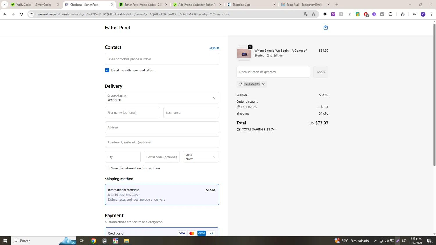 Esther Perel coupon code screenshot showing code CYBER2025 applied at Esther Perel checkout page. Uploaded by SimplyCodes community member LAGUGU on Dec 1, 2025
