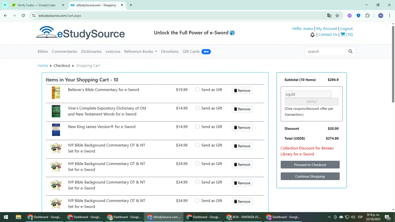 eStudySource.com coupon code screenshot showing code ivp20 applied at eStudySource.com checkout page. Uploaded by SimplyCodes community member QuestDefender2661 on Oct 23, 2025