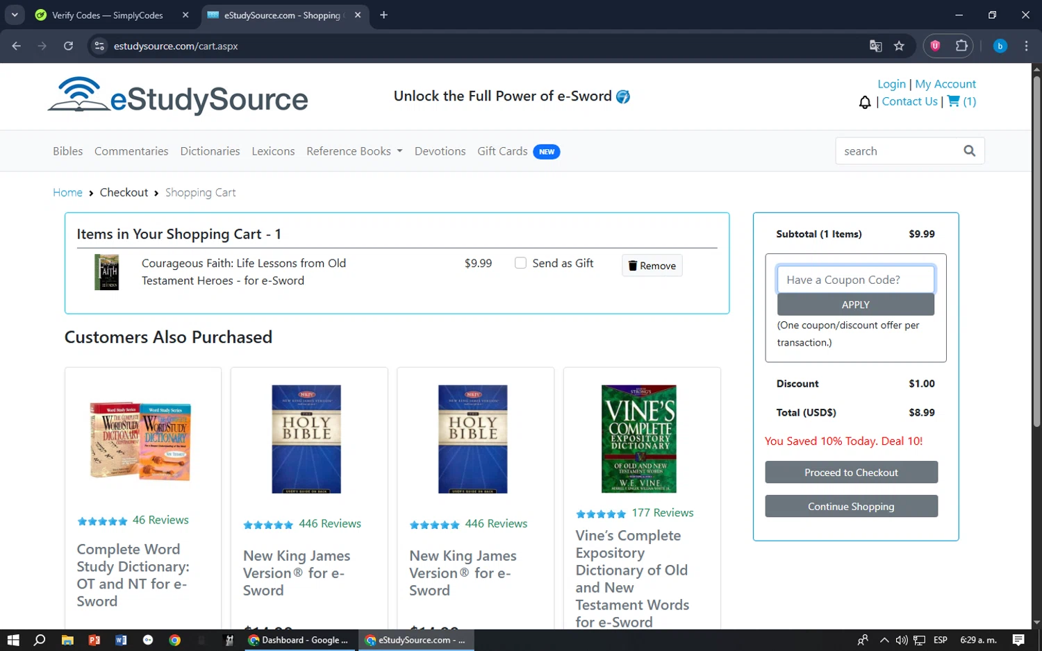 eStudySource.com coupon code screenshot showing code DEAL10 applied at eStudySource.com checkout page. Uploaded by SimplyCodes community member bilijr on Dec 22, 2025