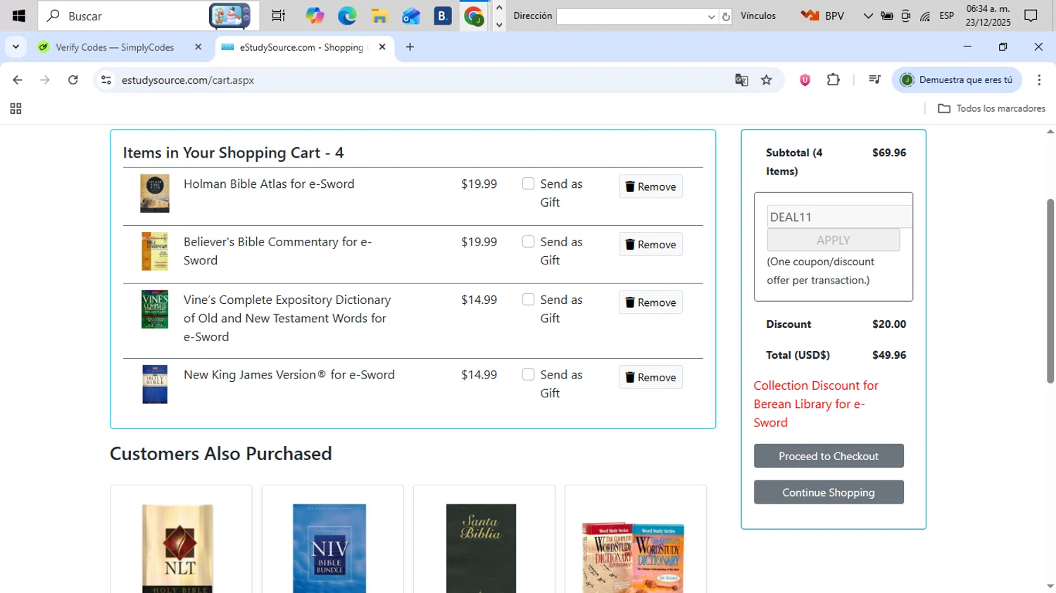 eStudySource.com checkout page showing eStudySource.com coupon code box | Screenshot taken by SimplyCodes community member on Dec 23, 2025