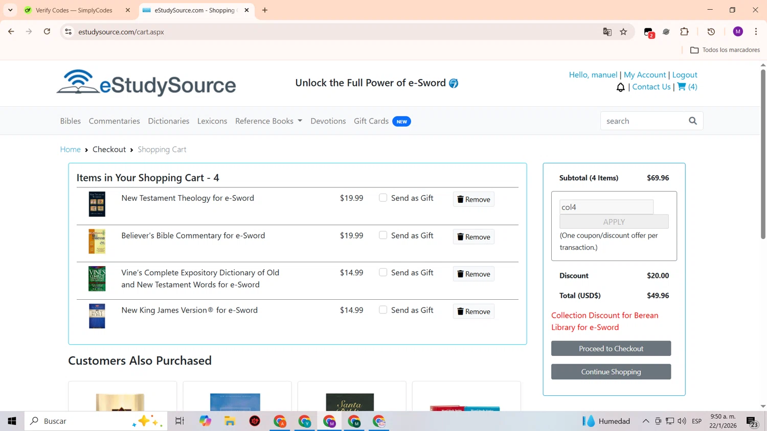 eStudySource.com checkout page showing eStudySource.com coupon code box | Screenshot taken by SimplyCodes community member on Jan 22, 2026