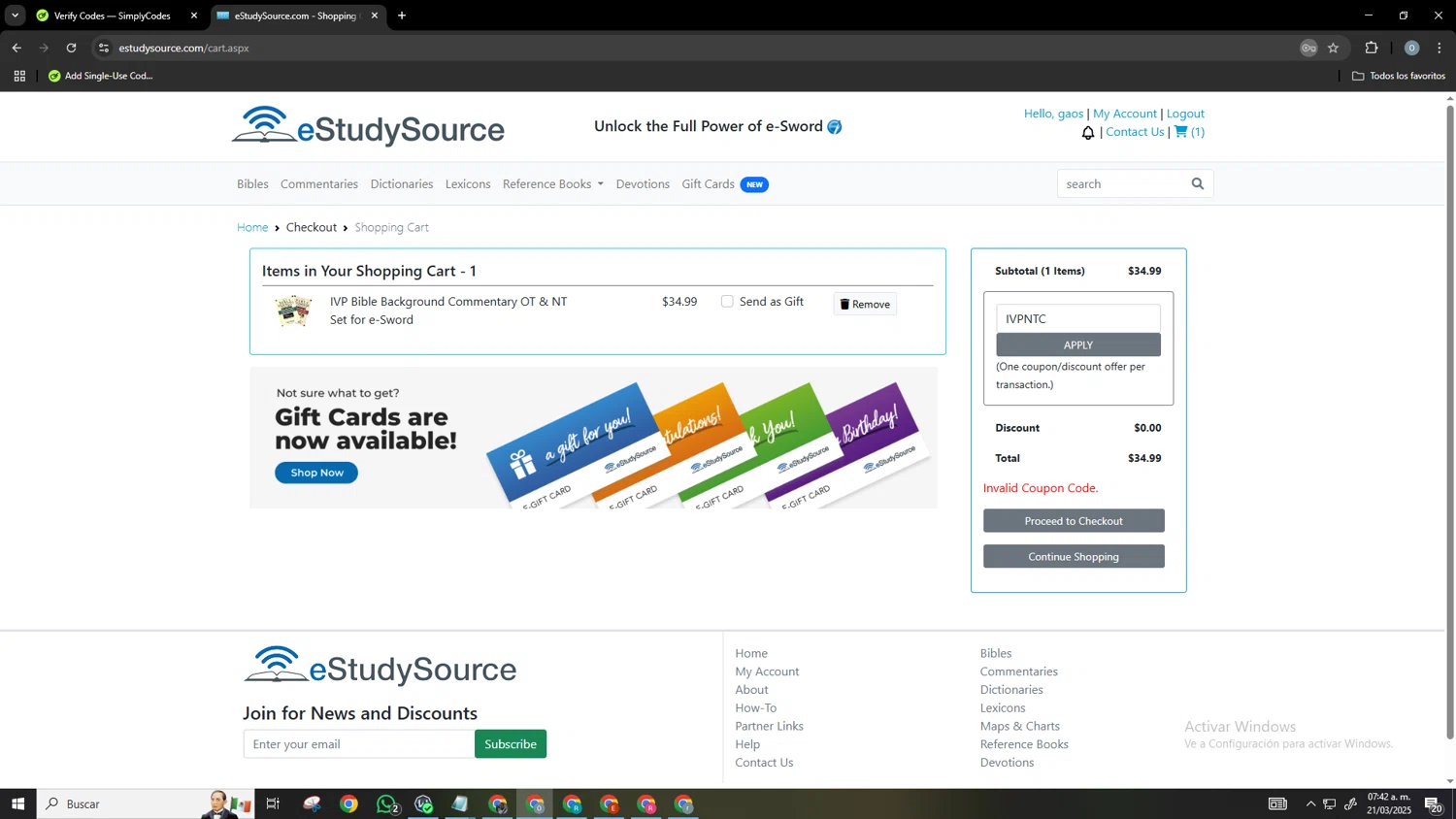 eStudySource.com coupon code screenshot showing code IVPNTC applied at eStudySource.com checkout page. Uploaded by SimplyCodes community member Neonvalo on Mar 21, 2025