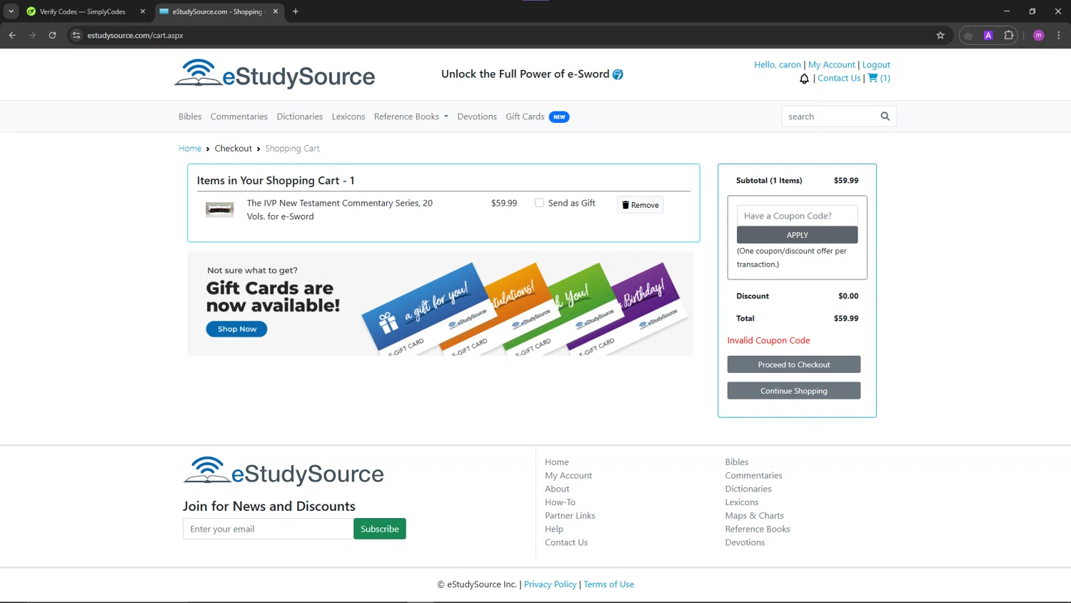 eStudySource.com coupon code screenshot showing code IVPNTC applied at eStudySource.com checkout page. Uploaded by SimplyCodes community member TokenChaser4876 on Mar 21, 2025