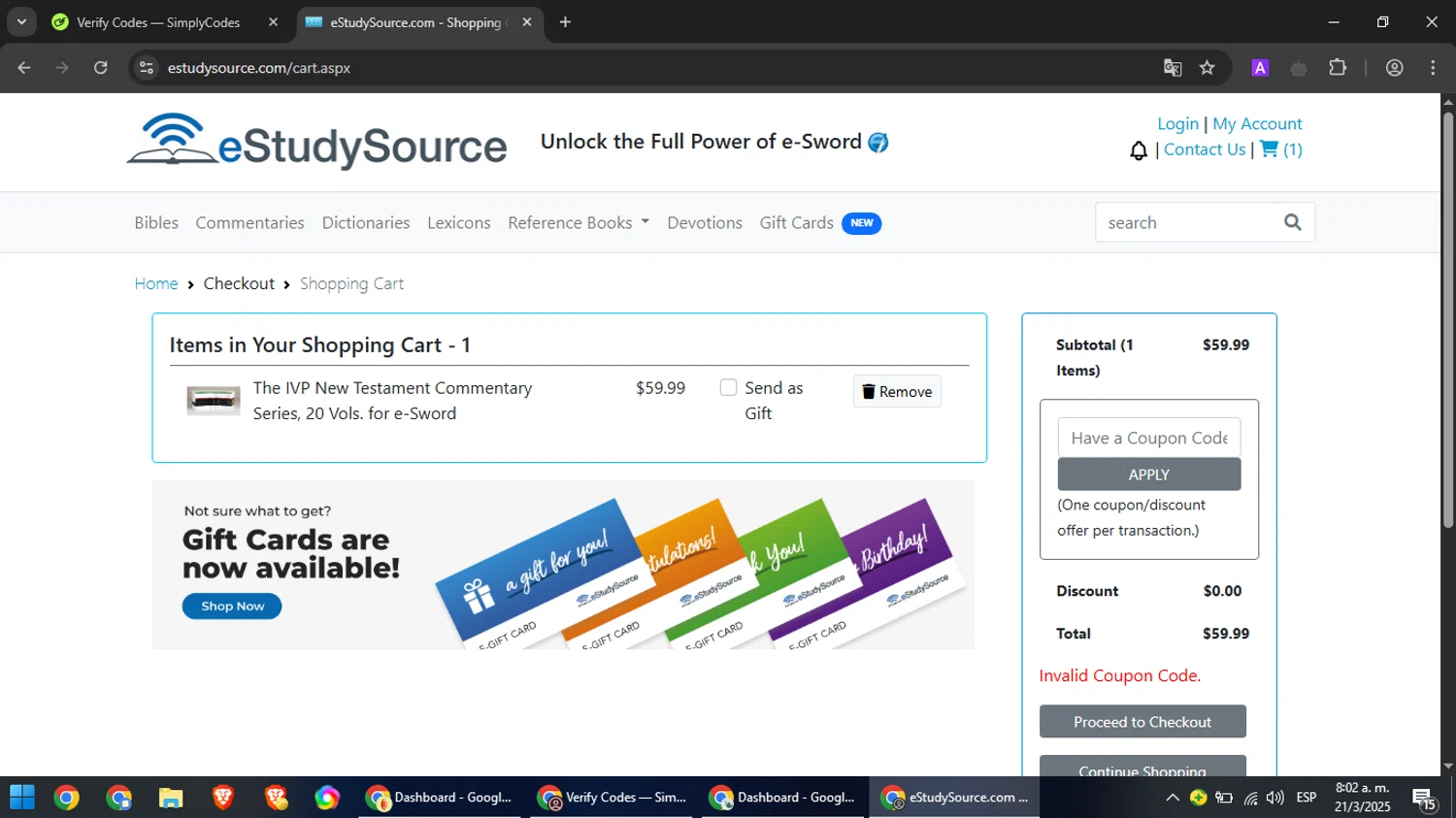 eStudySource.com coupon code screenshot showing code IVPNTC applied at eStudySource.com checkout page. Uploaded by SimplyCodes community member RebateCaptain6440 on Mar 21, 2025